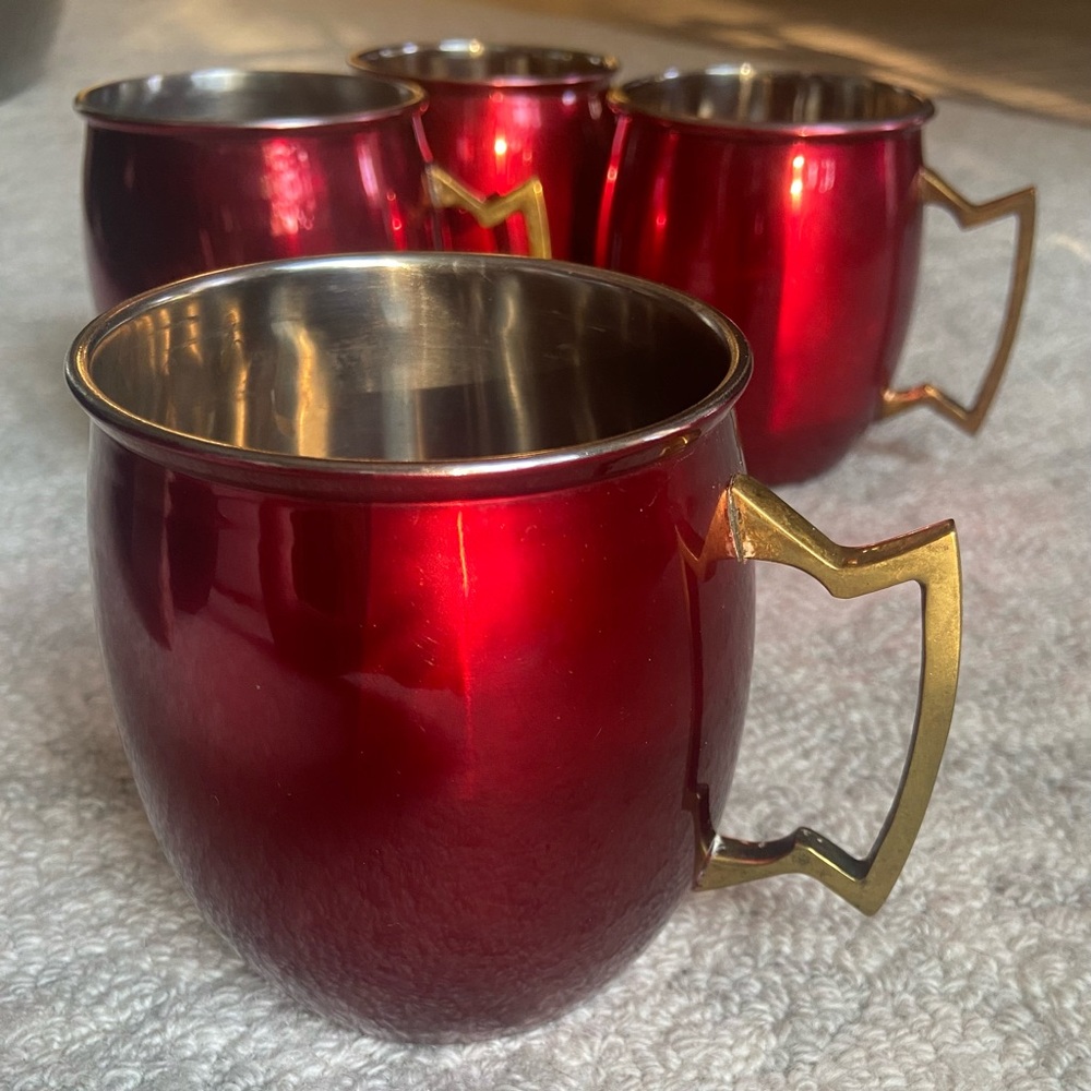 Red Moscow Mule Mugs Copper Handle Set of 4